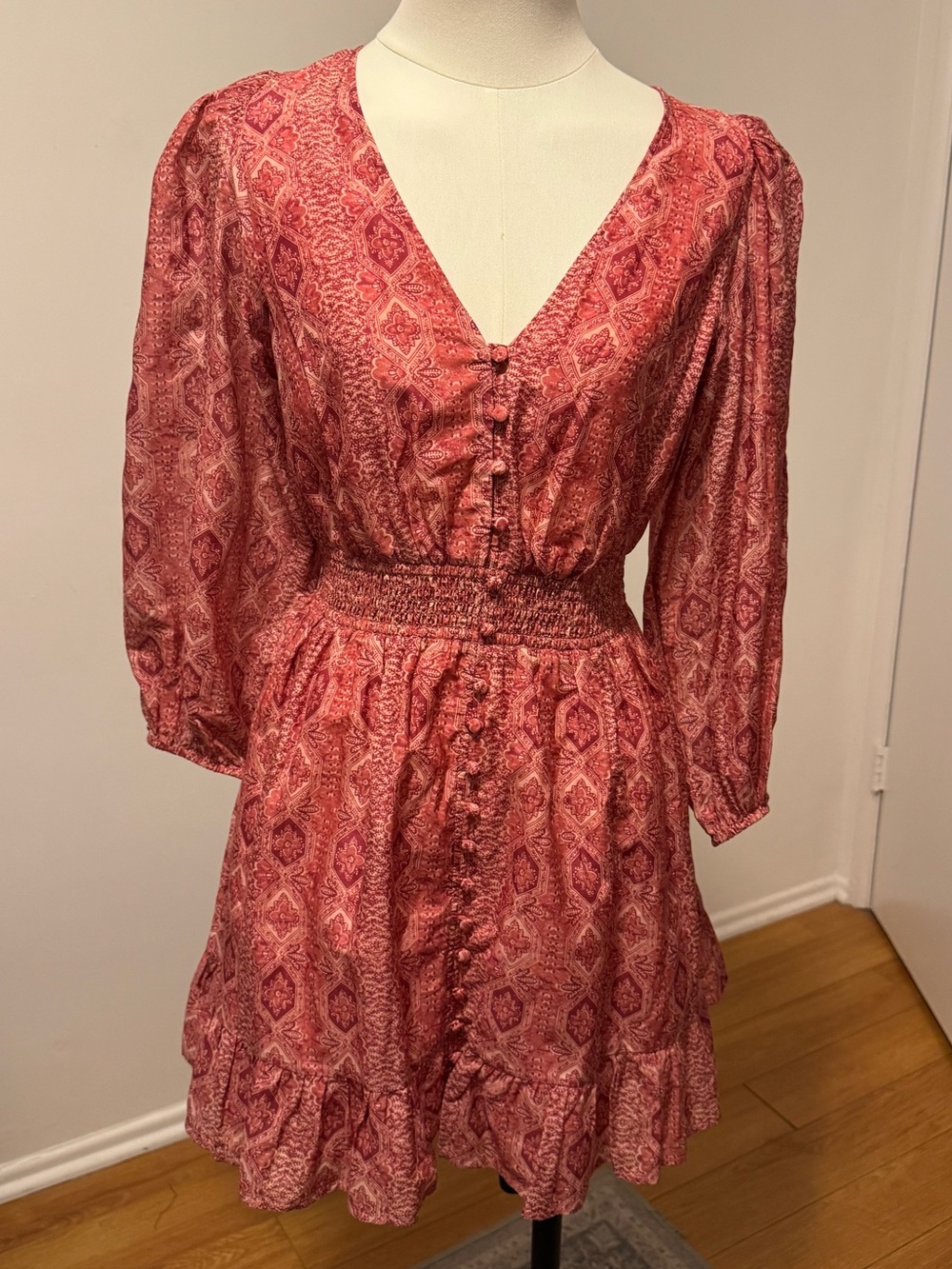 PAIGE Pink Printed V-Neck Smocked Waist Mini Dress Small
